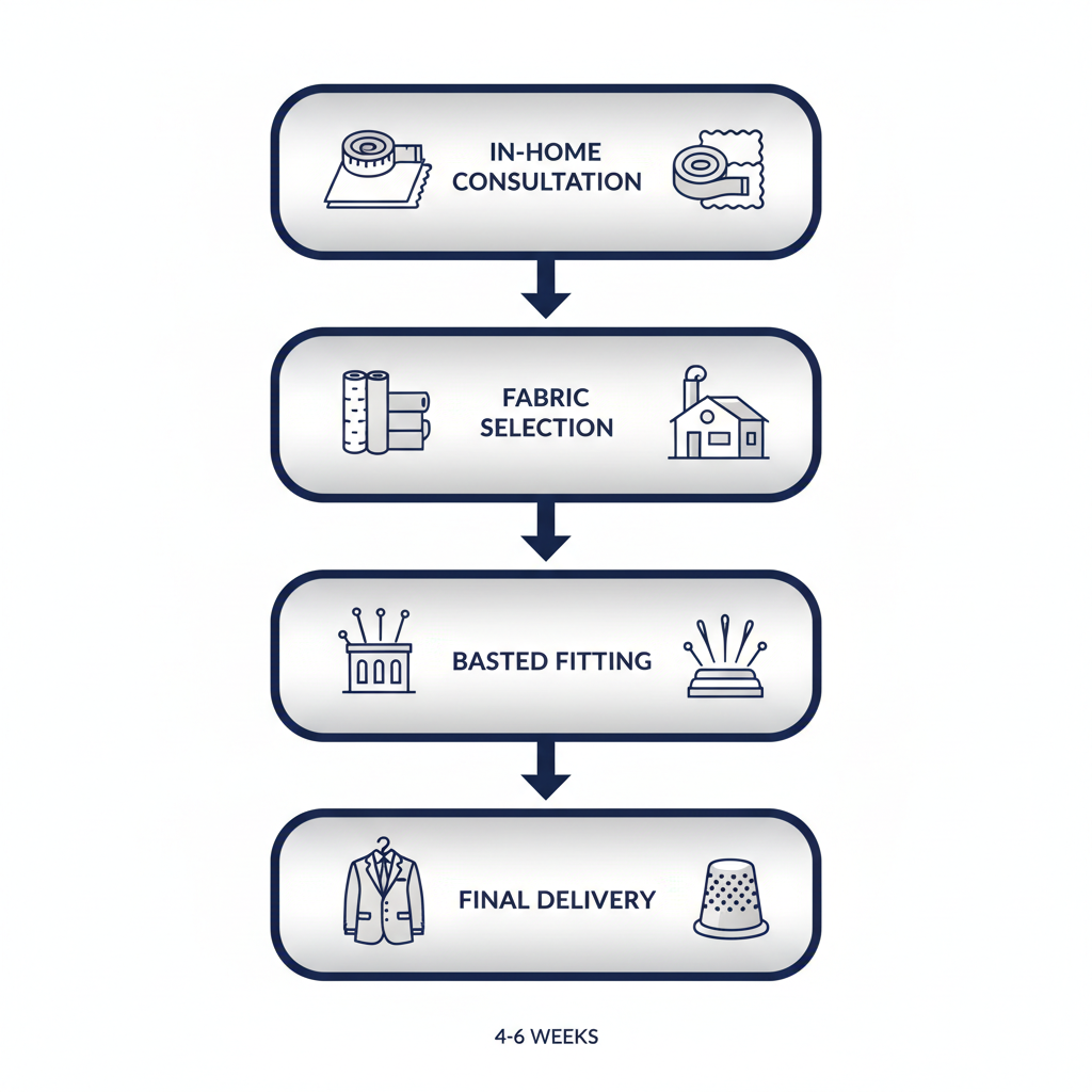 Vertical process flow diagram showing four steps to create a custom bespoke suit in Vancouver, including consultation, selection, fitting, and delivery.