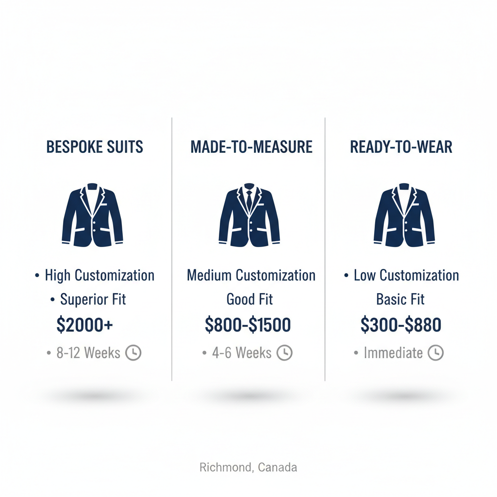 Infographic comparing bespoke suits, made-to-measure, and ready-to-wear options in Richmond with customization, fit, cost, and delivery details.