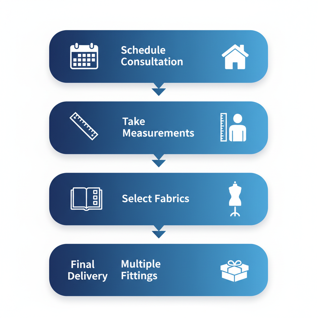 Vertical process flow diagram illustrating steps to start a bespoke suit in Richmond with icons for each stage