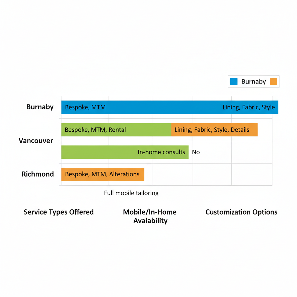Horizontal bar chart comparing bespoke suit options in Burnaby, Vancouver, and Richmond across service types, mobile availability, and customization.
