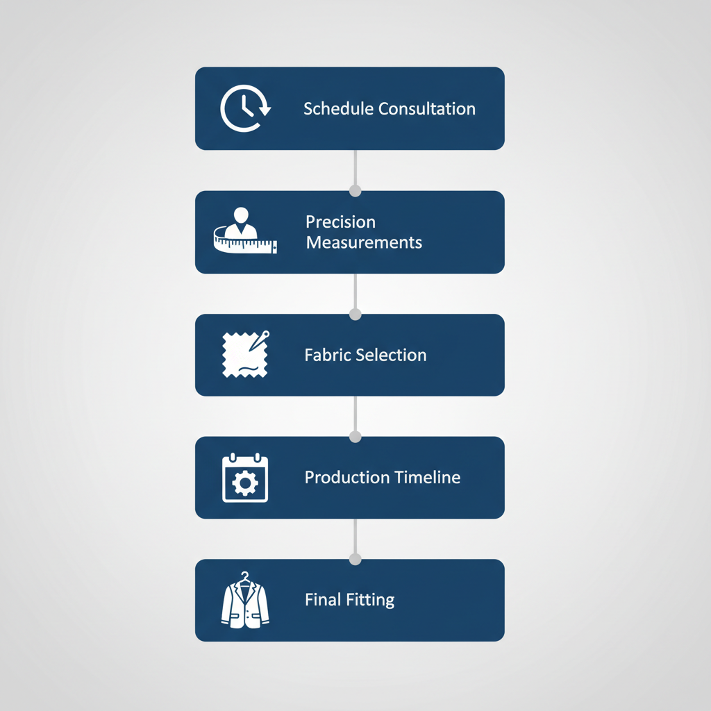 Vertical process flow illustrating the five stages of a bespoke suit journey: scheduling consultation, taking measurements, selecting fabrics, production timeline, and final fitting.