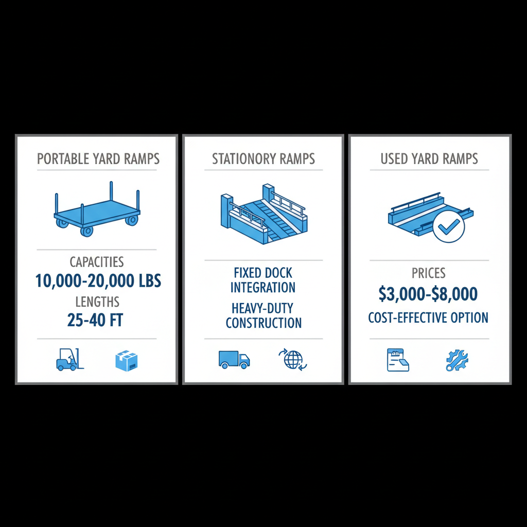 Infographic overview of portable, stationary, and used yard ramps with specifications, icons, and logistics applications