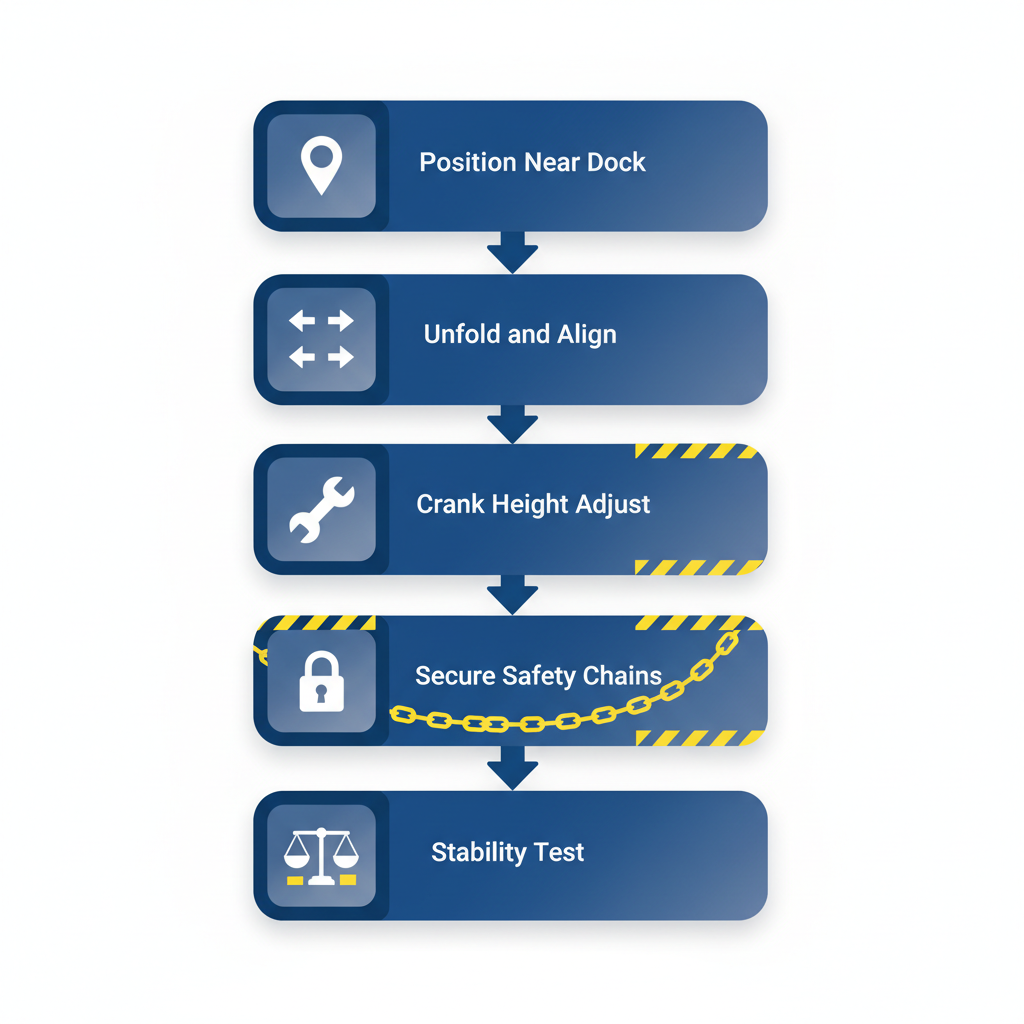 Vertical process flow diagram showing five stages of safe yard ramp setup and adjustment with icons and arrows