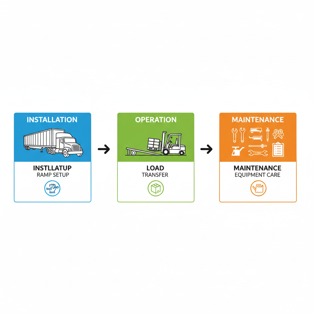 Horizontal process flow diagram showing installation, operation, and maintenance stages of yard ramps with icons and safety emphasis
