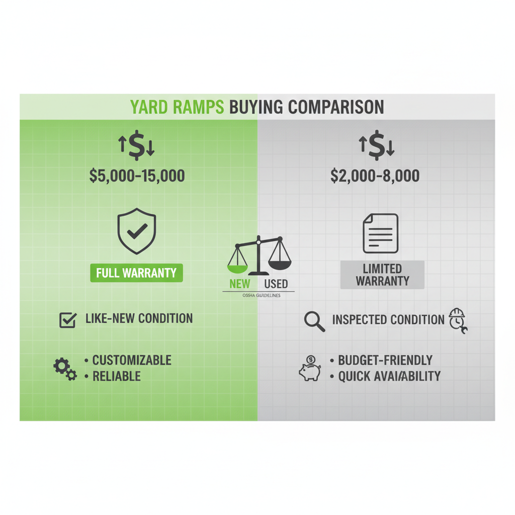 Infographic comparing new and used yard ramps with cost ranges, warranties, conditions, and pros, emphasizing used equipment inspections.