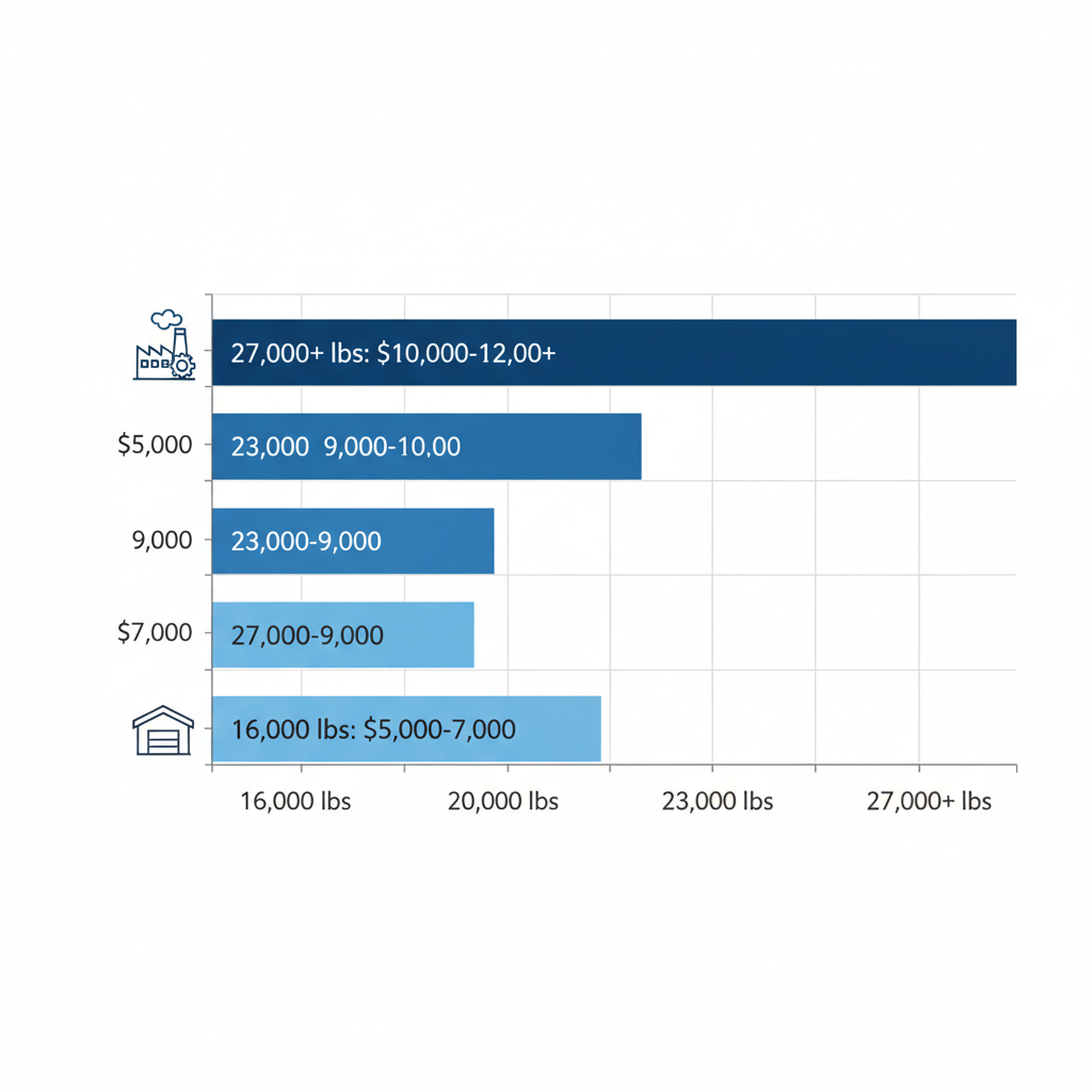 Horizontal bar chart comparing mobile yard ramp capacities from 16,000 to 27,000+ lbs and price ranges from $5,000 to $12,000+ with use case indicators.