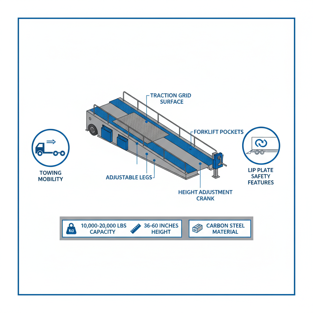 Infographic diagram of portable mobile yard ramp components and specifications highlighting safety features
