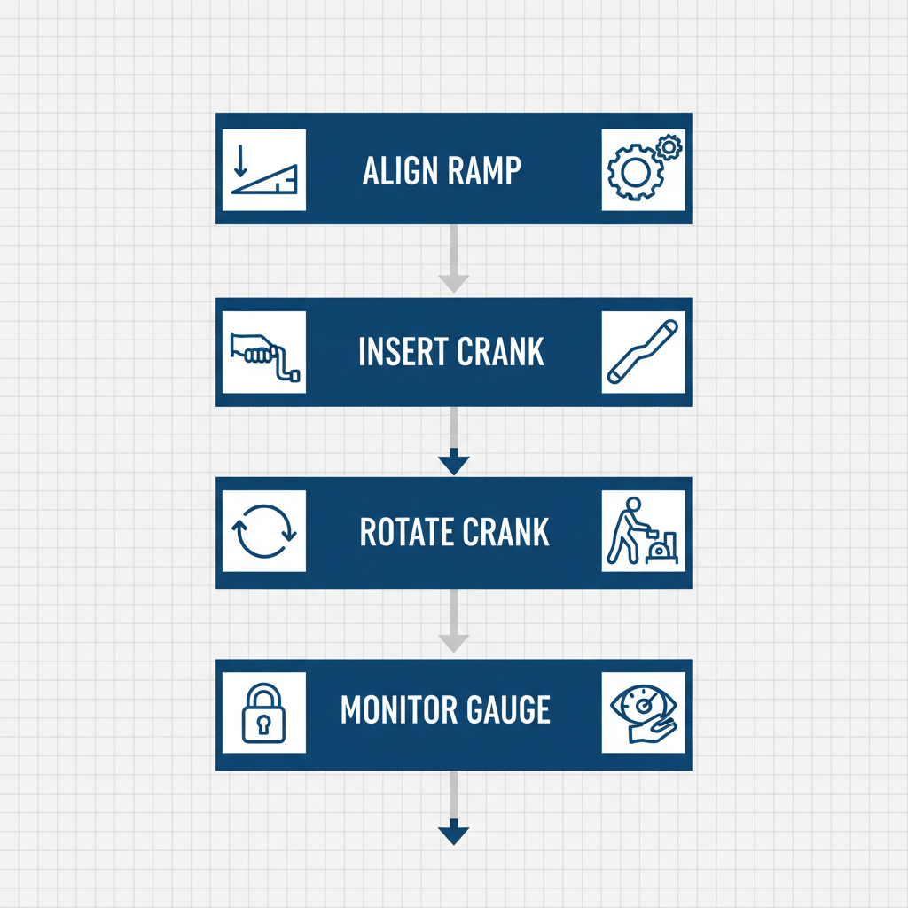 Vertical process flow diagram illustrating the five-step height adjustment mechanism for mobile yard ramps.