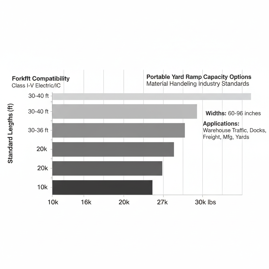 Horizontal bar chart showing portable yard ramp capacities from 10k to 30k lbs with forklift compatibility and dimensions