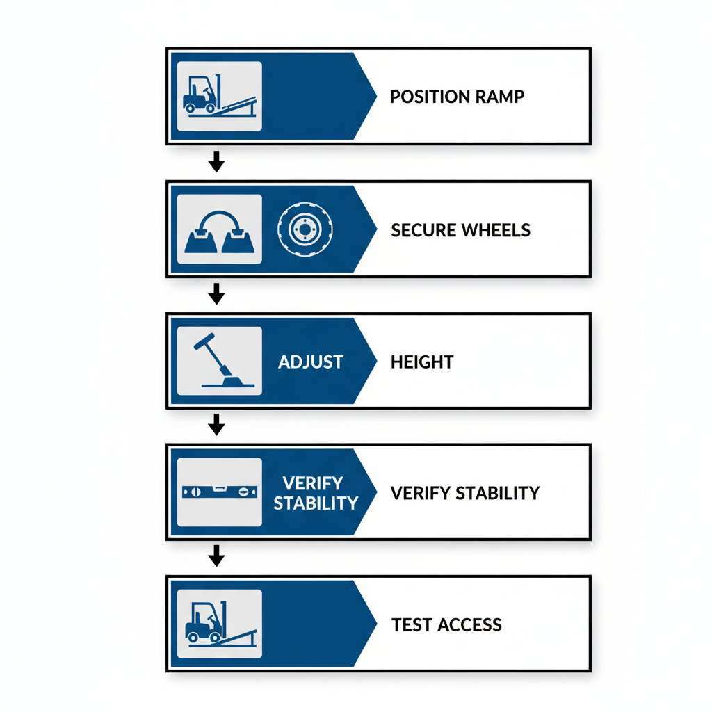 Vertical process flow diagram showing five steps for installing portable yard ramps: positioning, securing, adjusting, verifying, and testing.