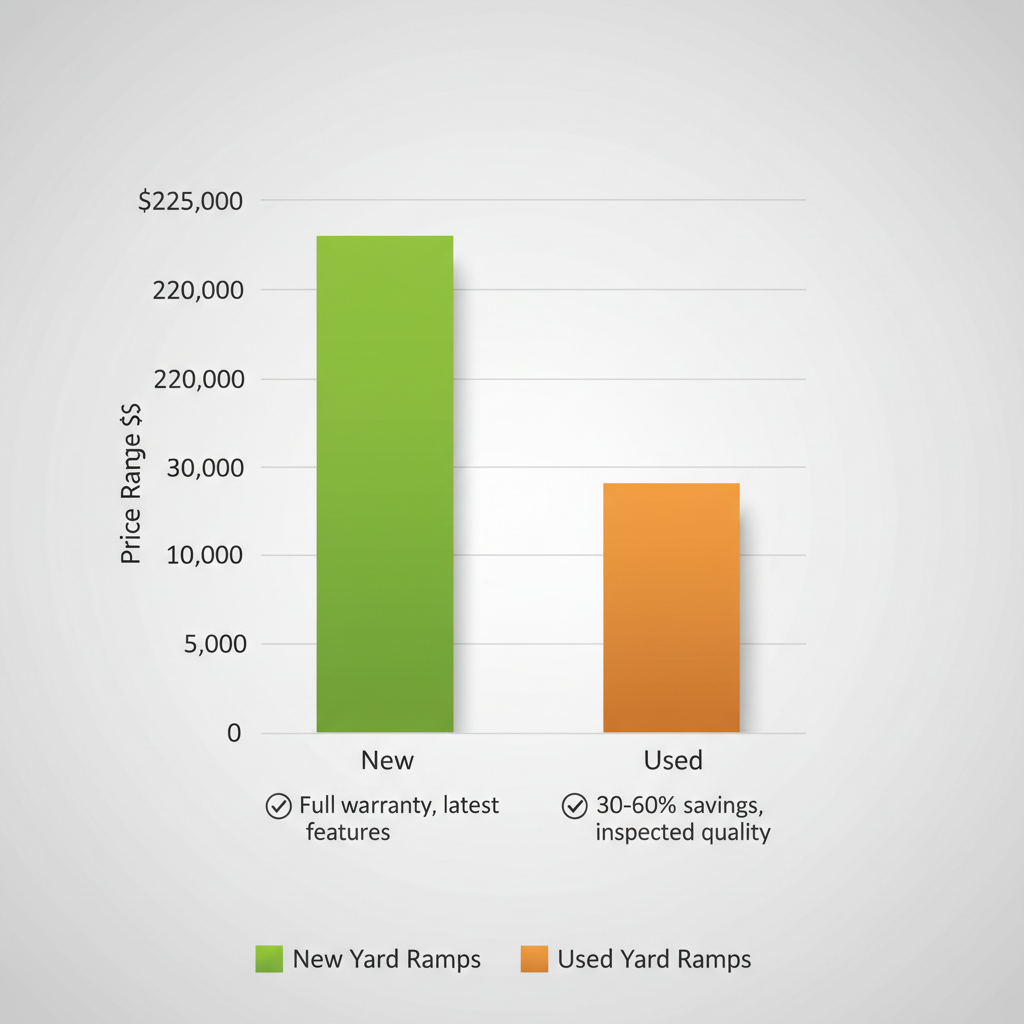 Bar chart comparing price ranges for new and used yard ramps with key benefits highlighted