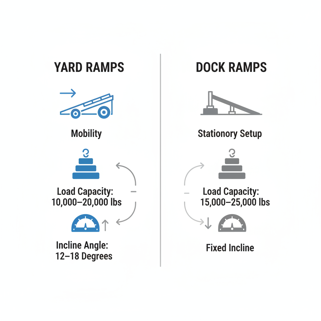 Infographic comparing features of mobile yard ramps and stationary dock ramps side by side, highlighting mobility, load capacities, and incline angles.