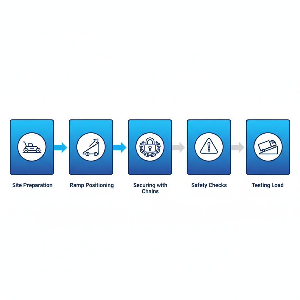 Horizontal process flow diagram illustrating the five-step installation of portable yard ramps, including site preparation, positioning, securing, safety checks, and load testing with icons.