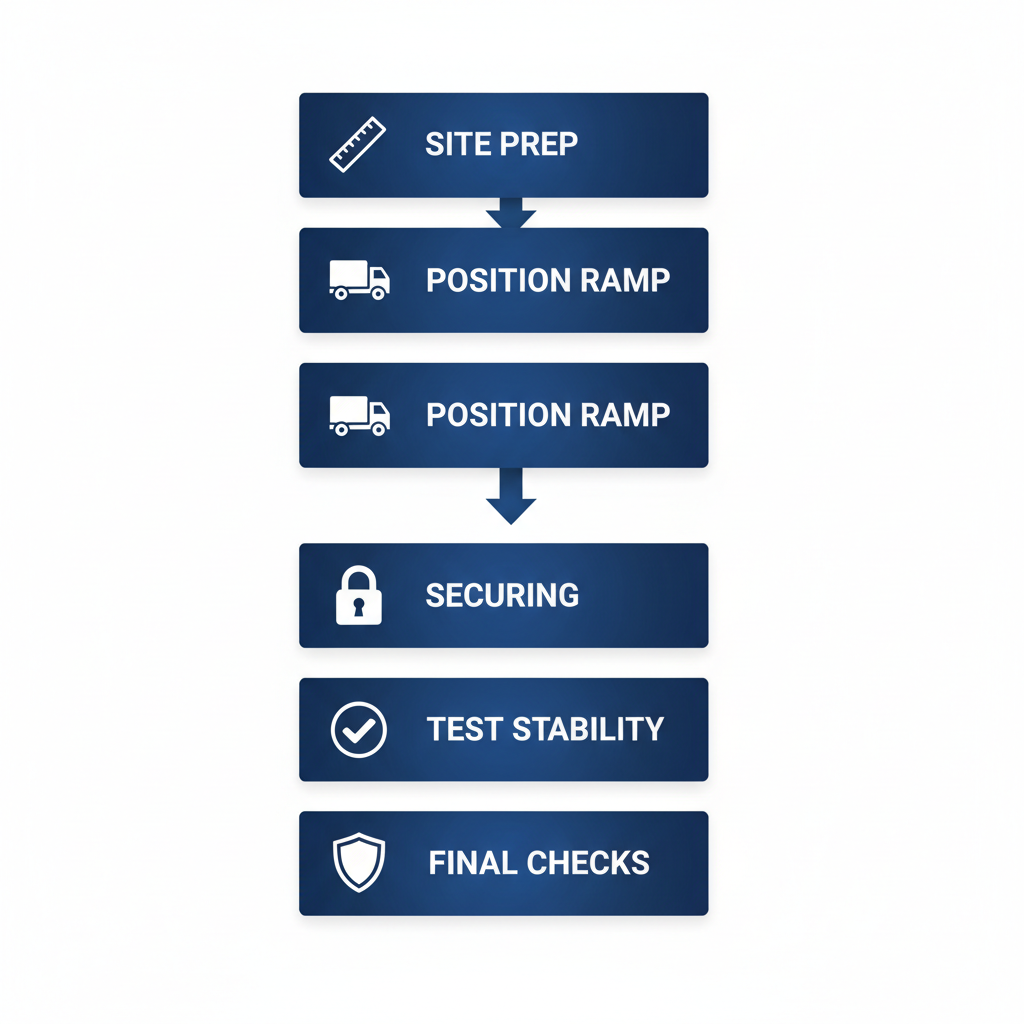 Vertical process flow diagram showing five steps for installing warehouse dock ramps: site preparation, positioning, securing, testing, and safety checks.