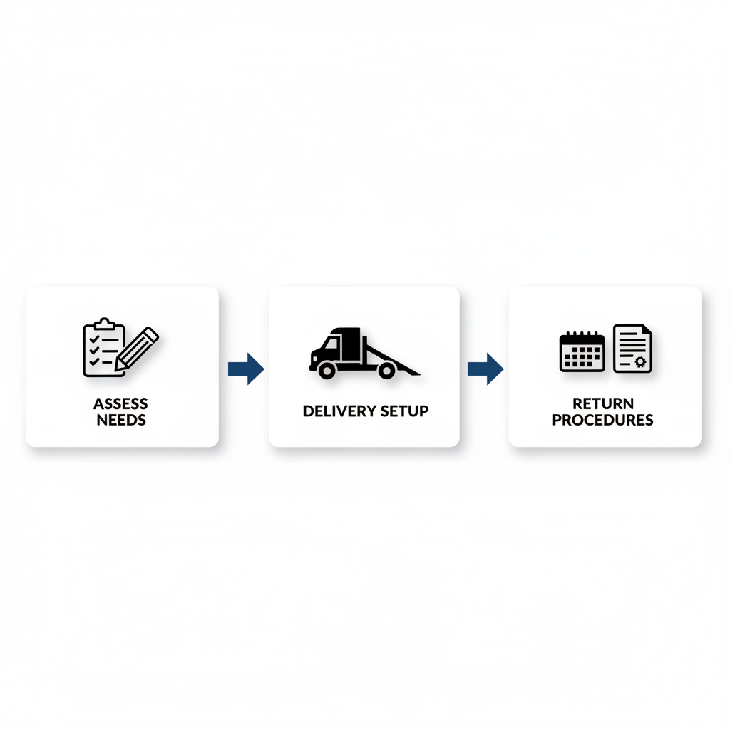 Horizontal process flow diagram illustrating the three main stages of yard ramp rental: assessing needs, delivery and setup, and return procedures with icons and arrows.