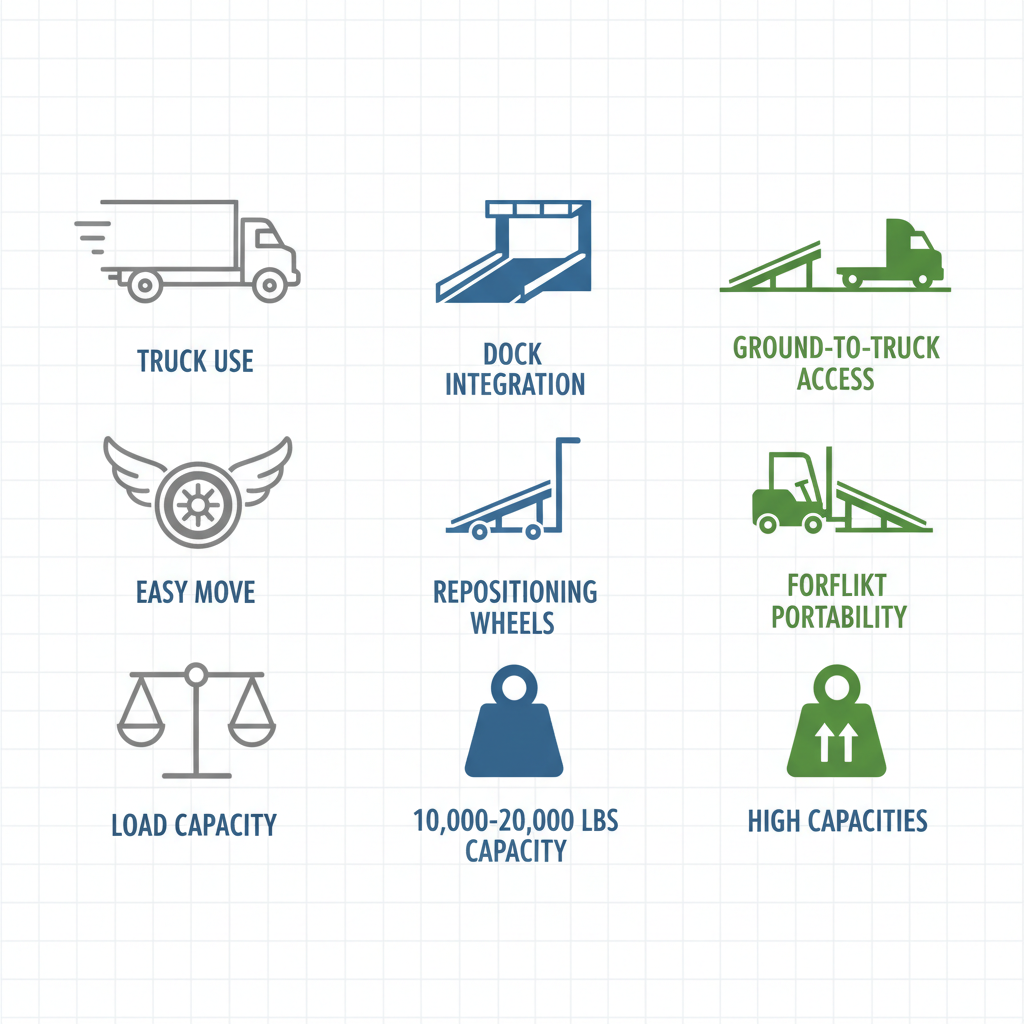 Infographic comparing key features of portable dock ramps and yard ramps including use, mobility, and capacity.