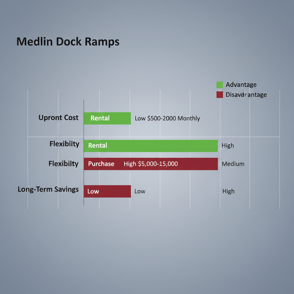 Bar chart comparing rental and purchase options for portable dock ramps, highlighting costs, flexibility, and long-term savings with color-coded advantages and disadvantages.