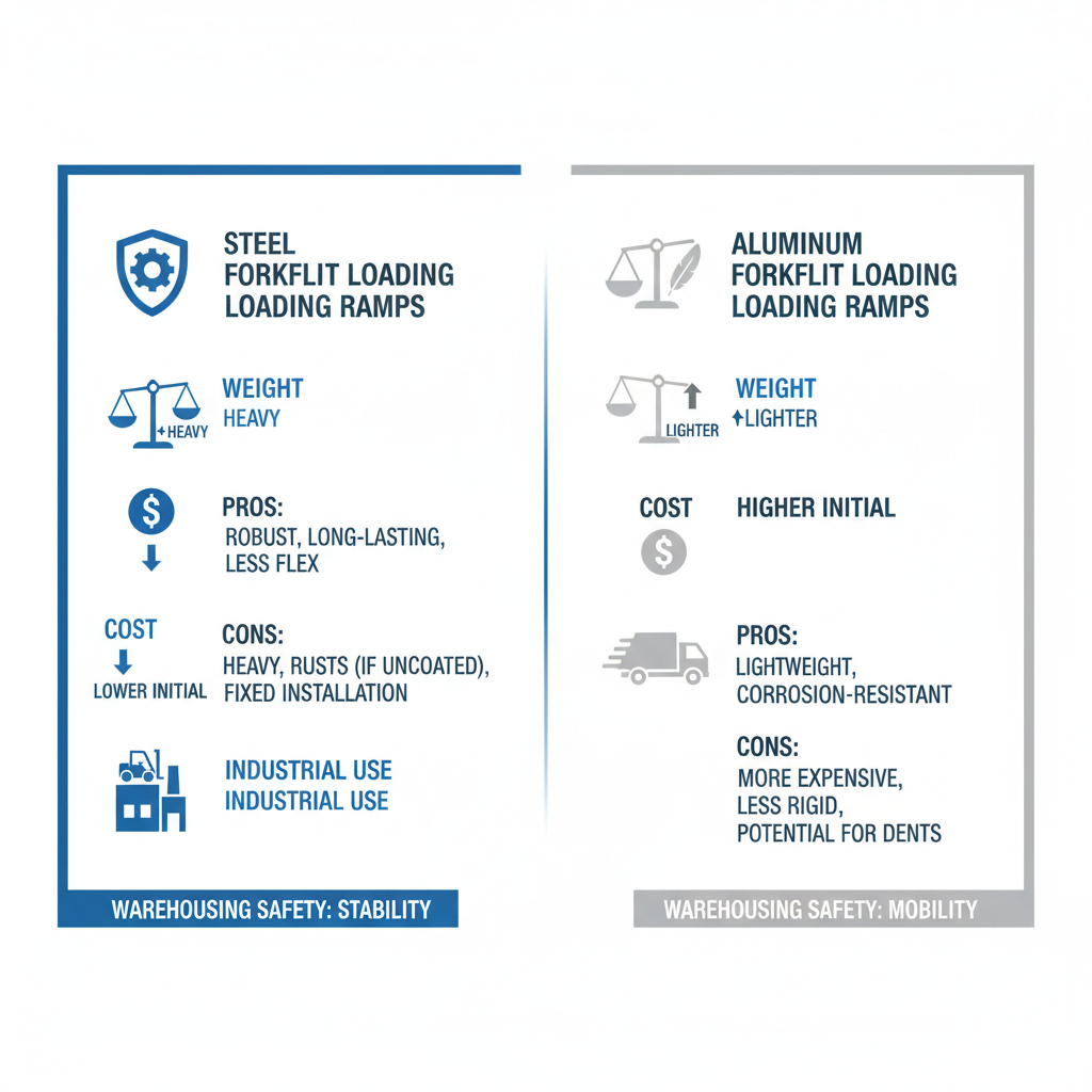 Infographic comparing steel and aluminum forklift loading ramps with icons for durability, weight, cost, and applications