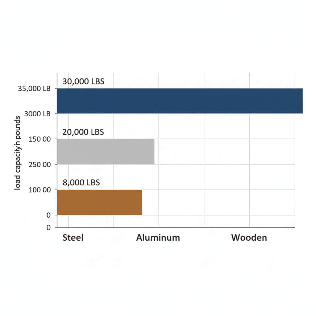 Horizontal bar chart comparing maximum load capacities of steel, aluminum, and wooden yard ramps in pounds.