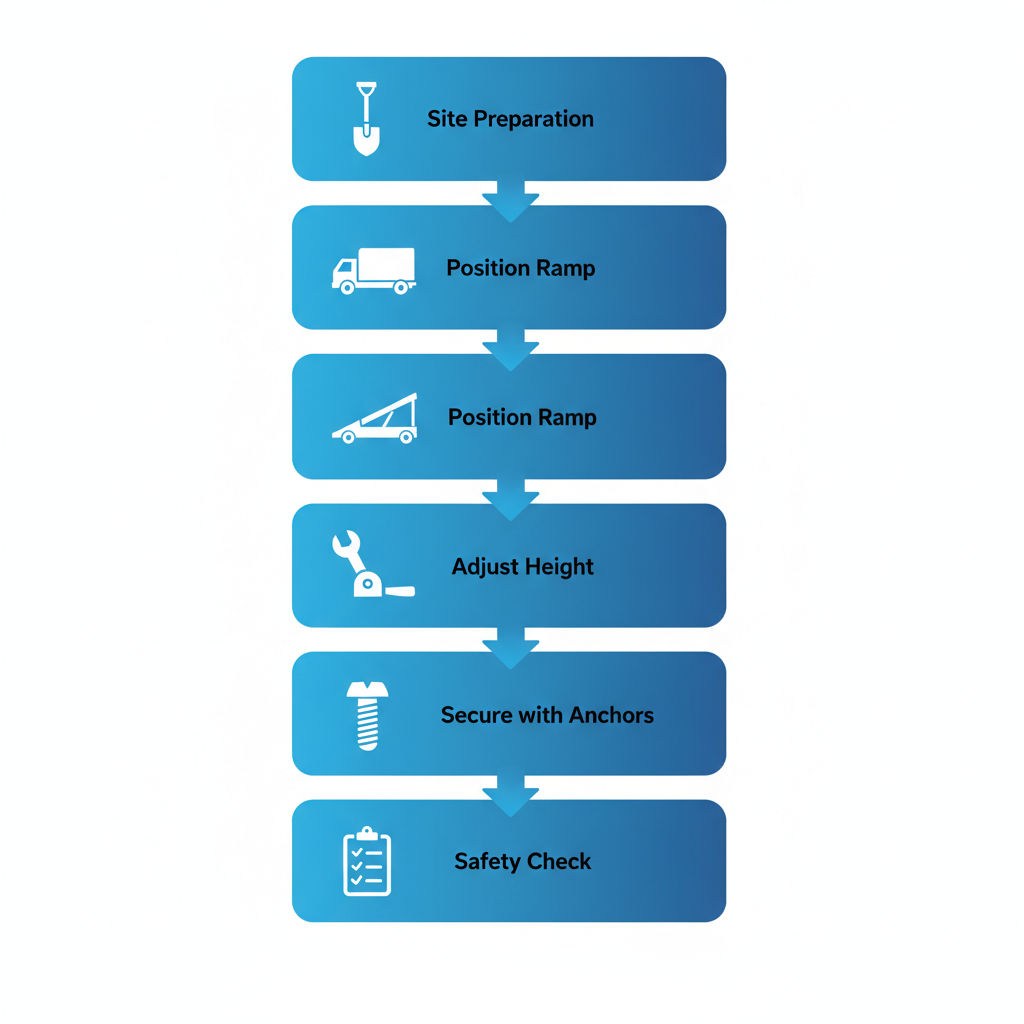 Vertical process flow diagram illustrating the installation steps for heavy-duty steel yard ramps according to OSHA guidelines.
