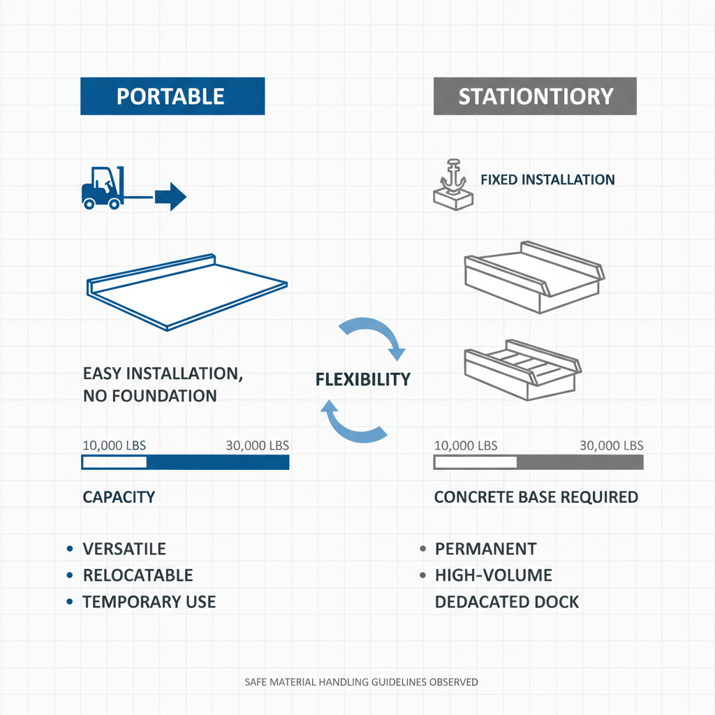 Infographic comparing features and advantages of portable and stationary forklift ramps for safe industrial use