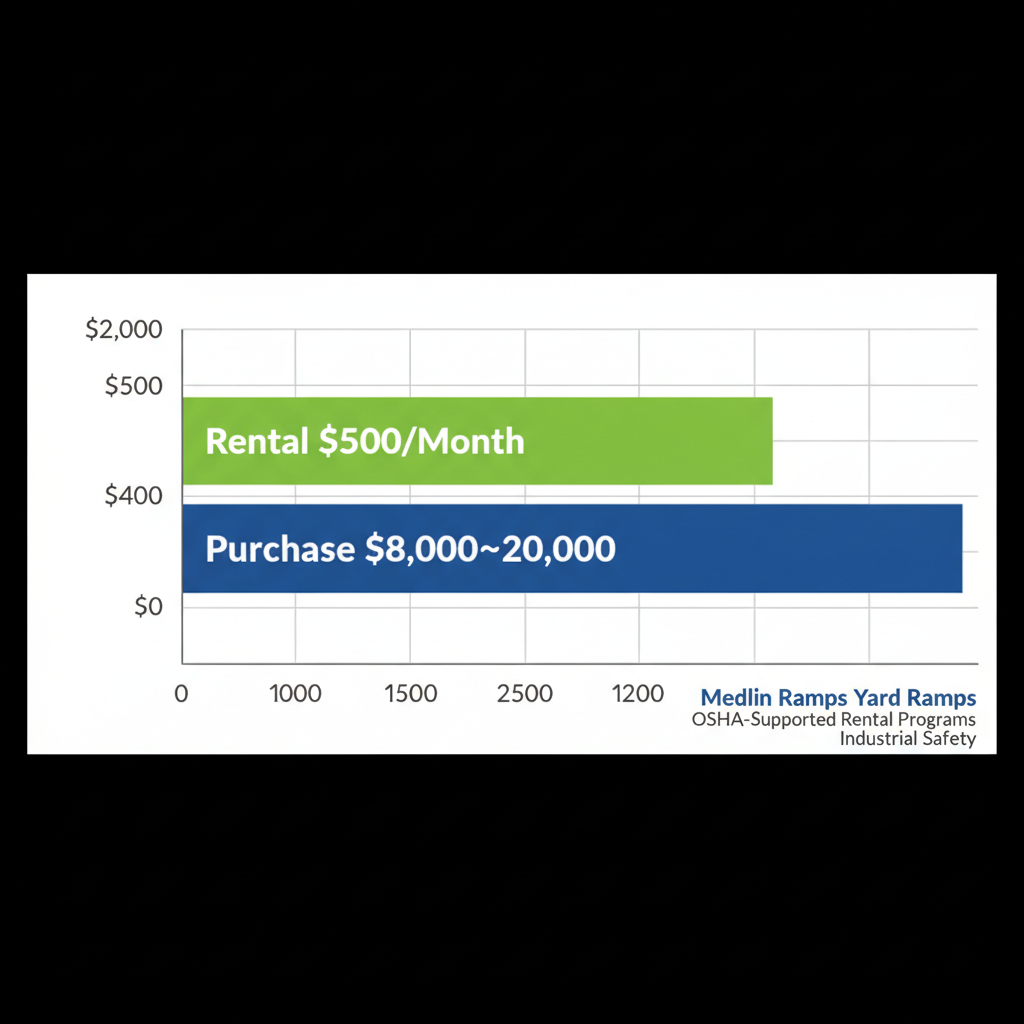 Bar chart comparing monthly rental costs at $500 versus purchase prices from $8,000 to $20,000 for portable yard ramps.