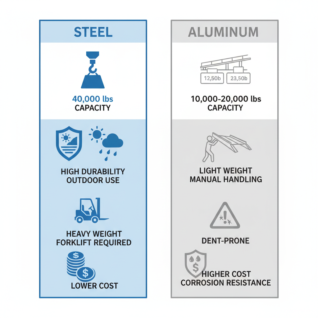 Infographic comparing key features and capacities of steel versus aluminum loading ramps