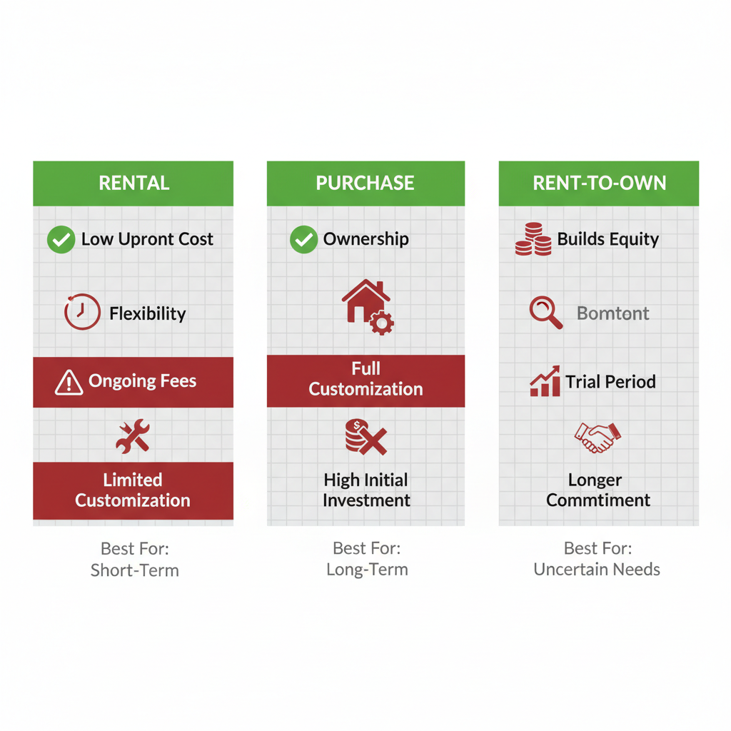 Infographic comparing rental, purchase, and rent-to-own options for steel loading ramps with pros and cons.