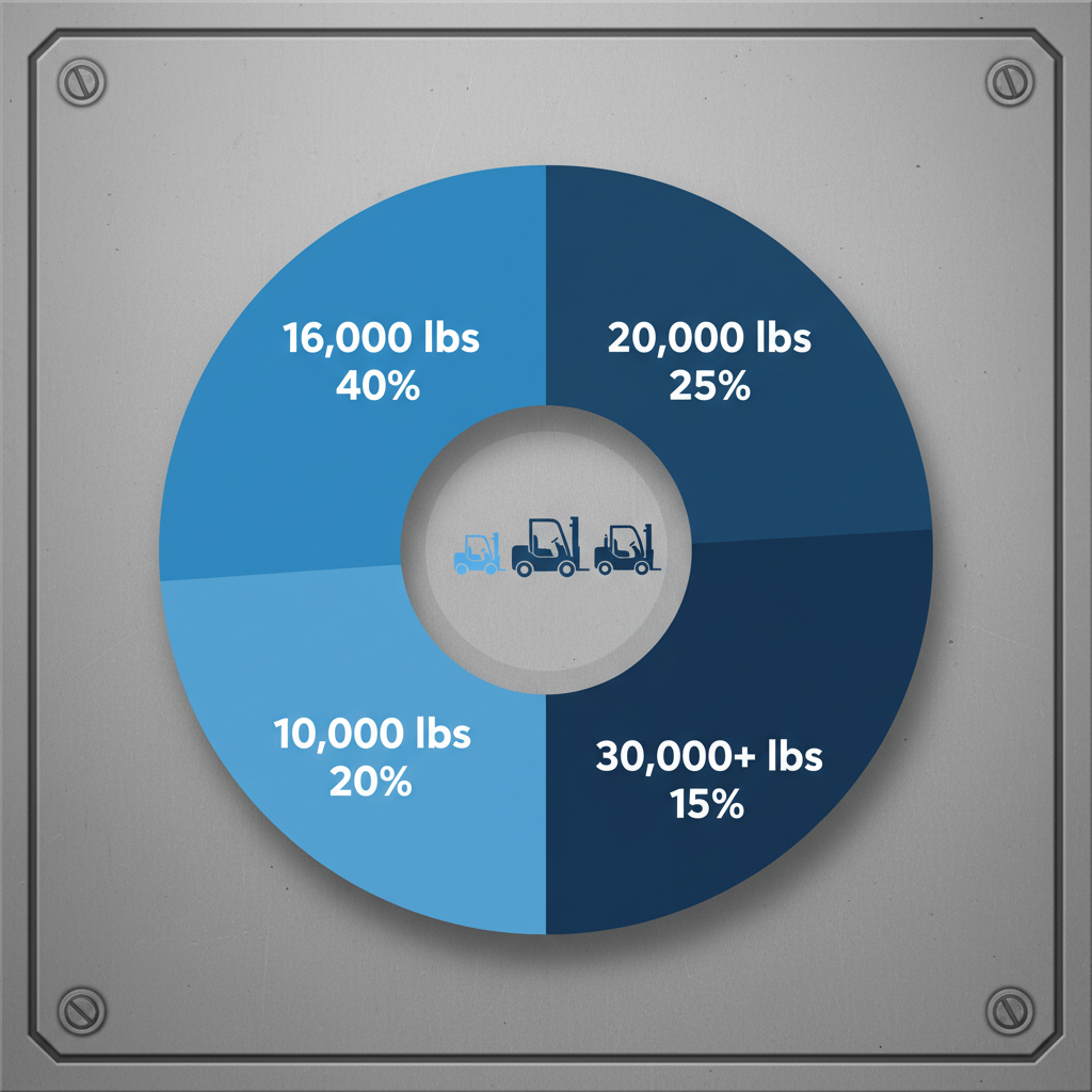Pie chart displaying distribution of weight capacities for used yard ramps: 10,000 lbs (20%), 16,000 lbs (40%), 20,000 lbs (25%), and 30,000+ lbs (15%), with forklift icons.