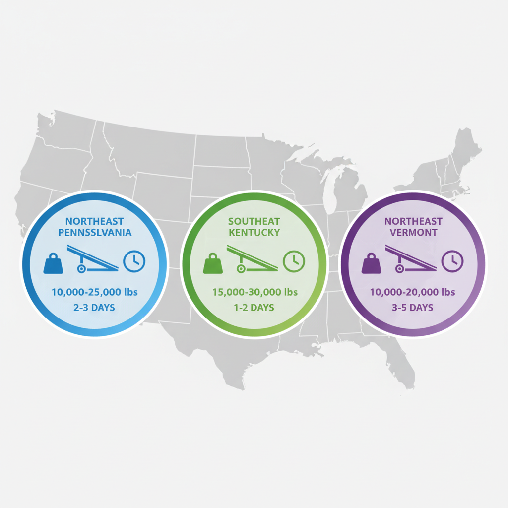 Infographic comparing yard ramp rental capacities and delivery times in US regions: Pennsylvania, Kentucky, and Vermont.