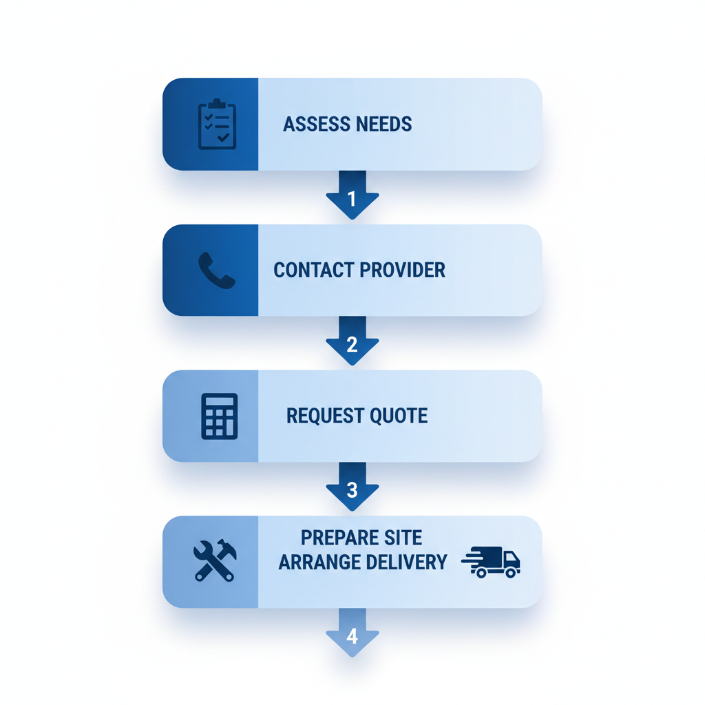 Vertical process flow diagram showing five steps to secure a yard ramp rental: assess needs, contact provider, request quote, prepare site, and arrange delivery.