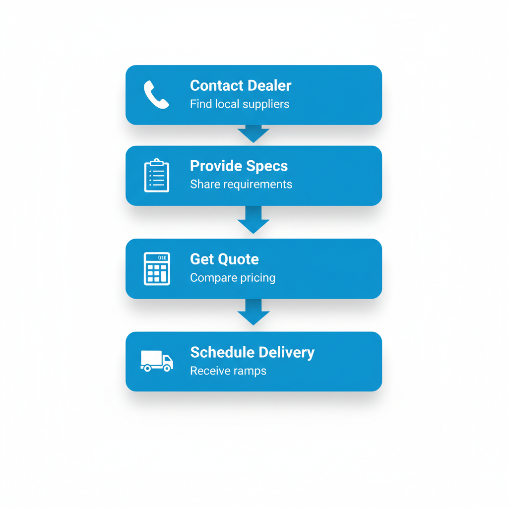 Vertical process flow diagram showing four steps to source yard ramps from a local dealer