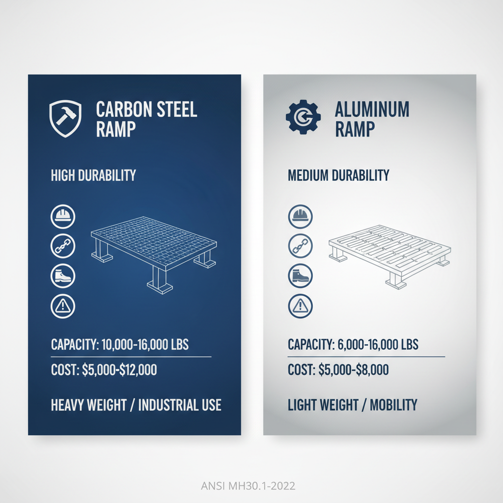 Infographic comparing carbon steel and aluminum portable loading dock ramps with capacity, cost, and durability metrics
