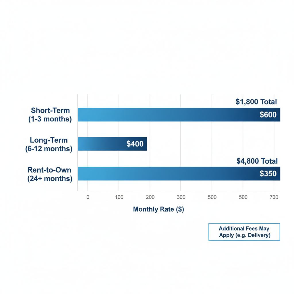 Horizontal bar chart showing yard ramp rental costs by duration: short-term $600/month, long-term $400/month, rent-to-own $350/month with total costs.