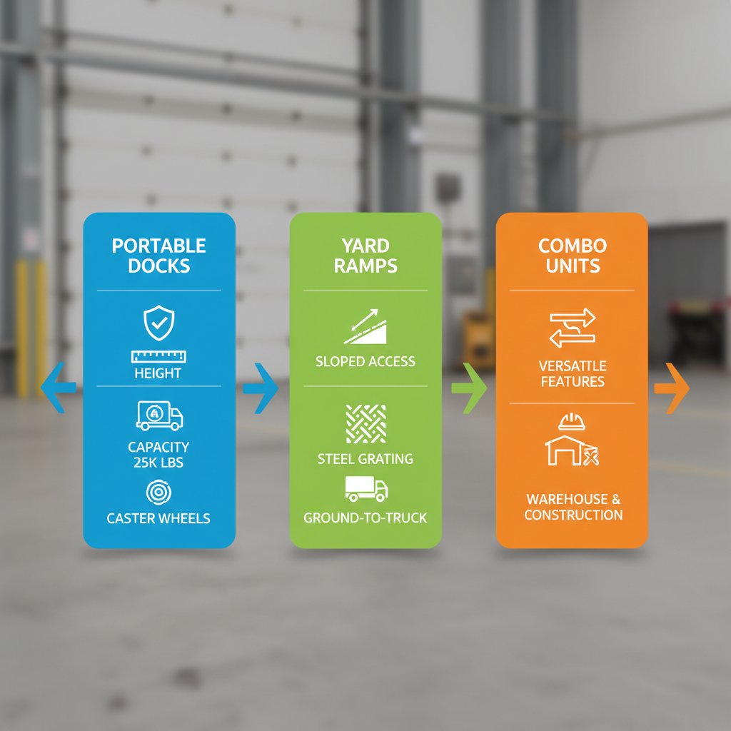 Infographic comparing portable loading docks, yard ramps, and combo units with key features and capacities.
