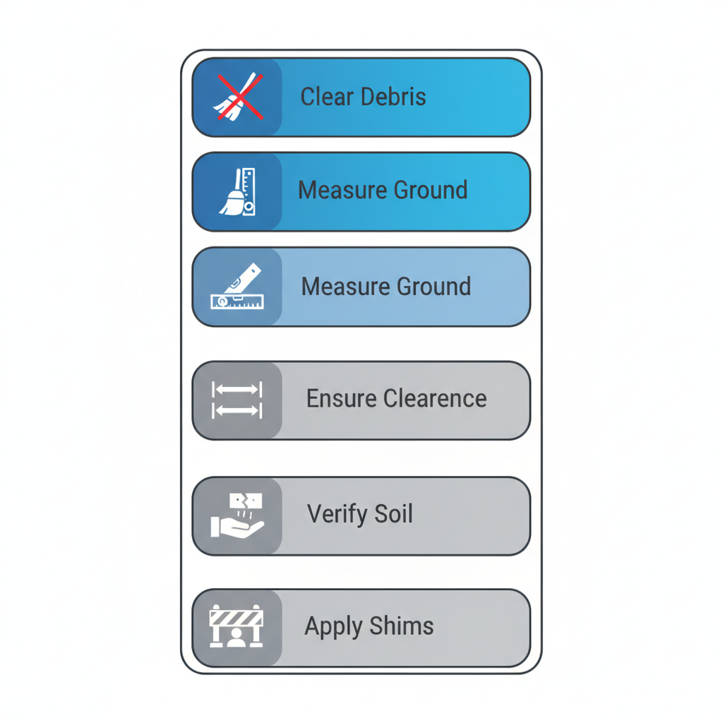 Vertical process flow diagram illustrating six steps for preparing a site for temporary loading dock installation, including clearing debris, measuring ground, ensuring clearance, verifying soil, positioning safely, and applying shims.
