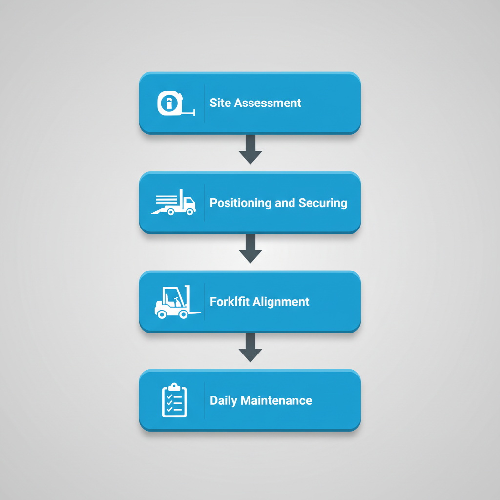 Vertical process flow diagram showing five stages of yard ramp rental setup: site assessment, positioning, alignment, testing, and maintenance with icons.