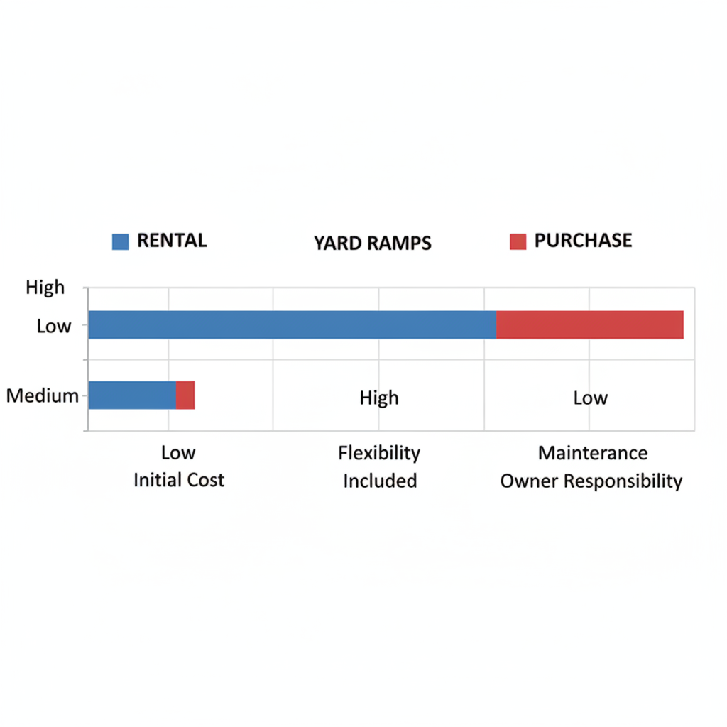 Horizontal bar chart comparing yard ramp rental and purchase options on cost, flexibility, and maintenance
