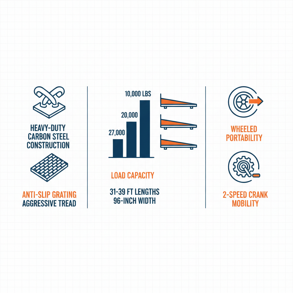 Infographic highlighting material construction, load capacities, dimensions, and mobility features of used yard ramps