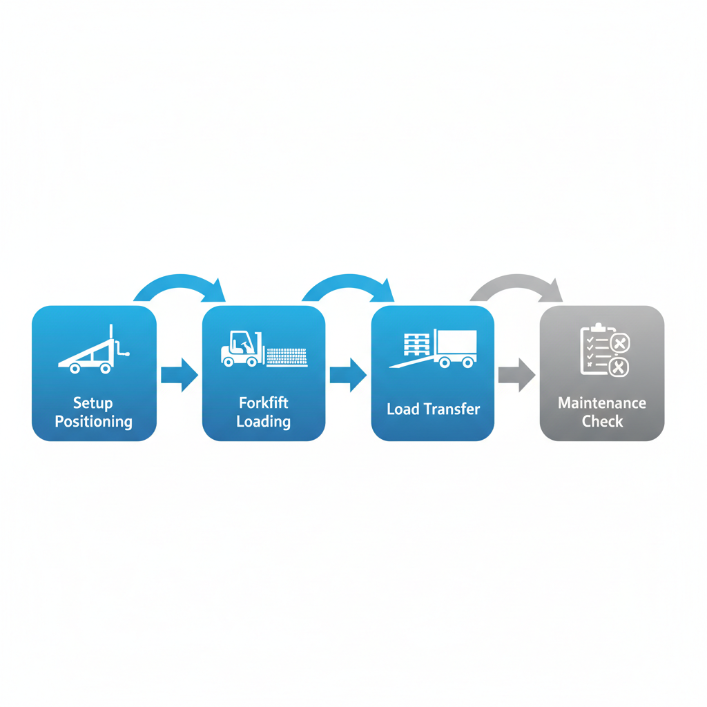 Horizontal process flow diagram illustrating the operational mechanics of used yard ramps with four key stages including setup, loading, transfer, and maintenance.