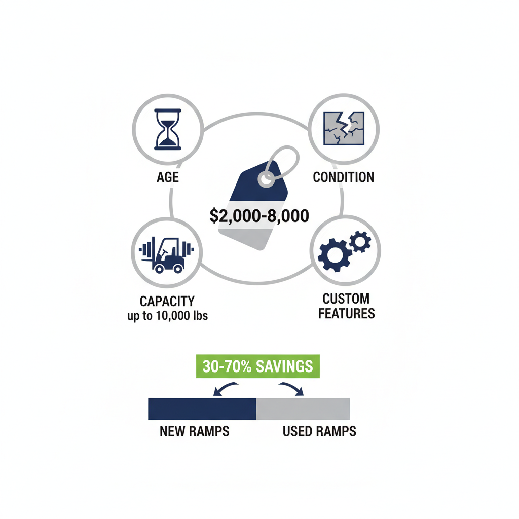 Infographic illustrating key cost factors for used loading dock ramps including age, condition, capacity, custom features, and savings comparison to new ramps.