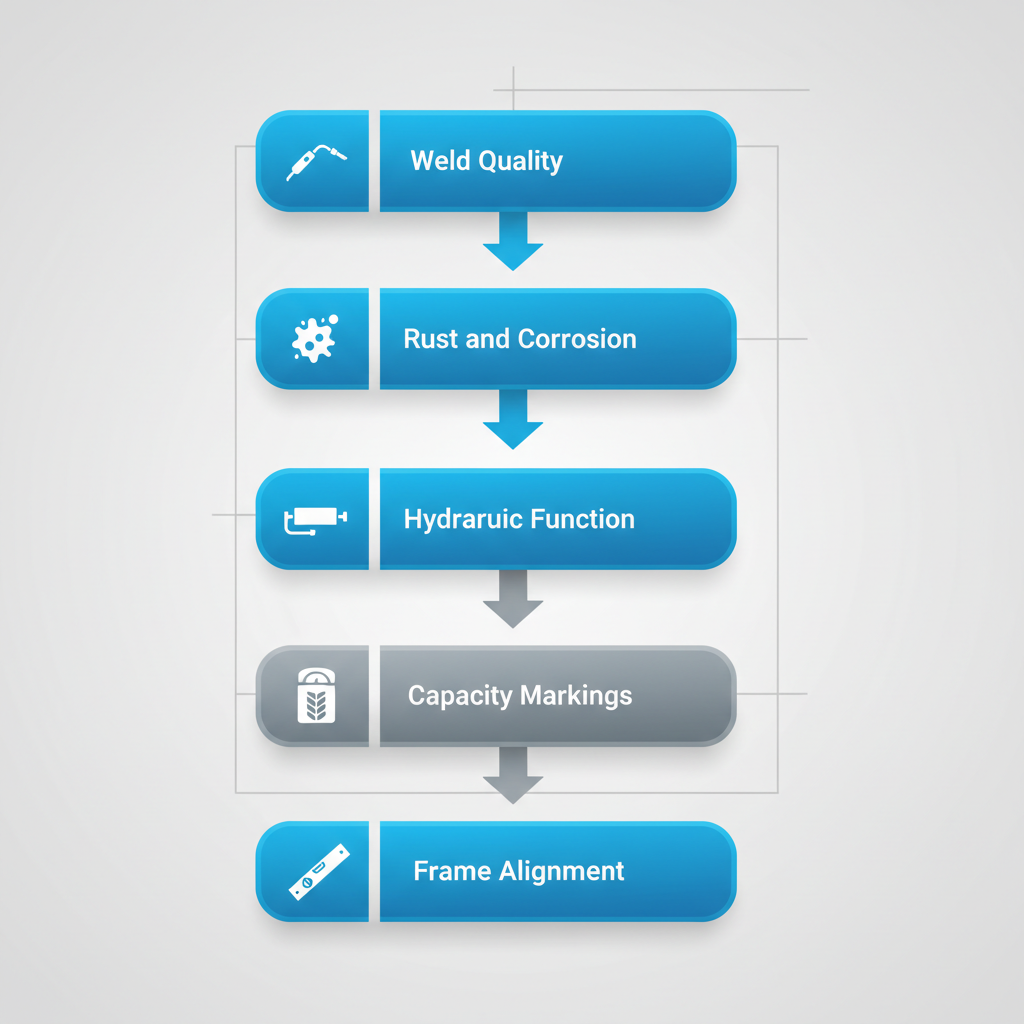 Vertical process flow diagram showing six key inspections for used loading dock ramps: weld quality, rust, hydraulics, capacity, traction, and alignment.