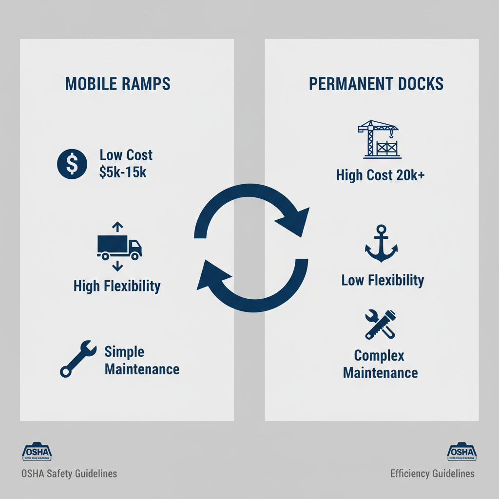 Infographic comparing advantages of mobile yard ramps over permanent docks in cost, flexibility, and maintenance with icons and labels.