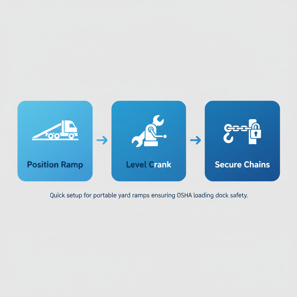 Horizontal process flow diagram illustrating three steps for setting up a temporary loading dock ramp: positioning, leveling, and securing.