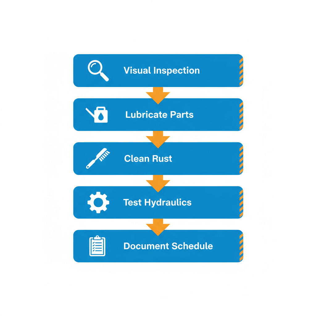 Vertical process flow diagram illustrating five essential maintenance stages for used mobile yard ramps, including inspection, lubrication, cleaning, testing, and documentation.