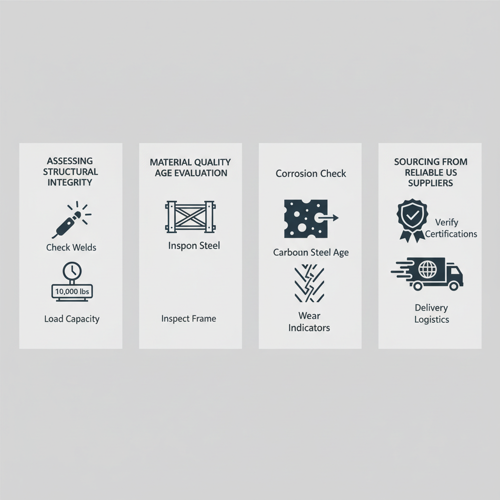 Infographic illustrating three essential factors for purchasing used dock ramps: structural integrity assessment, material quality evaluation, and sourcing from reliable suppliers.