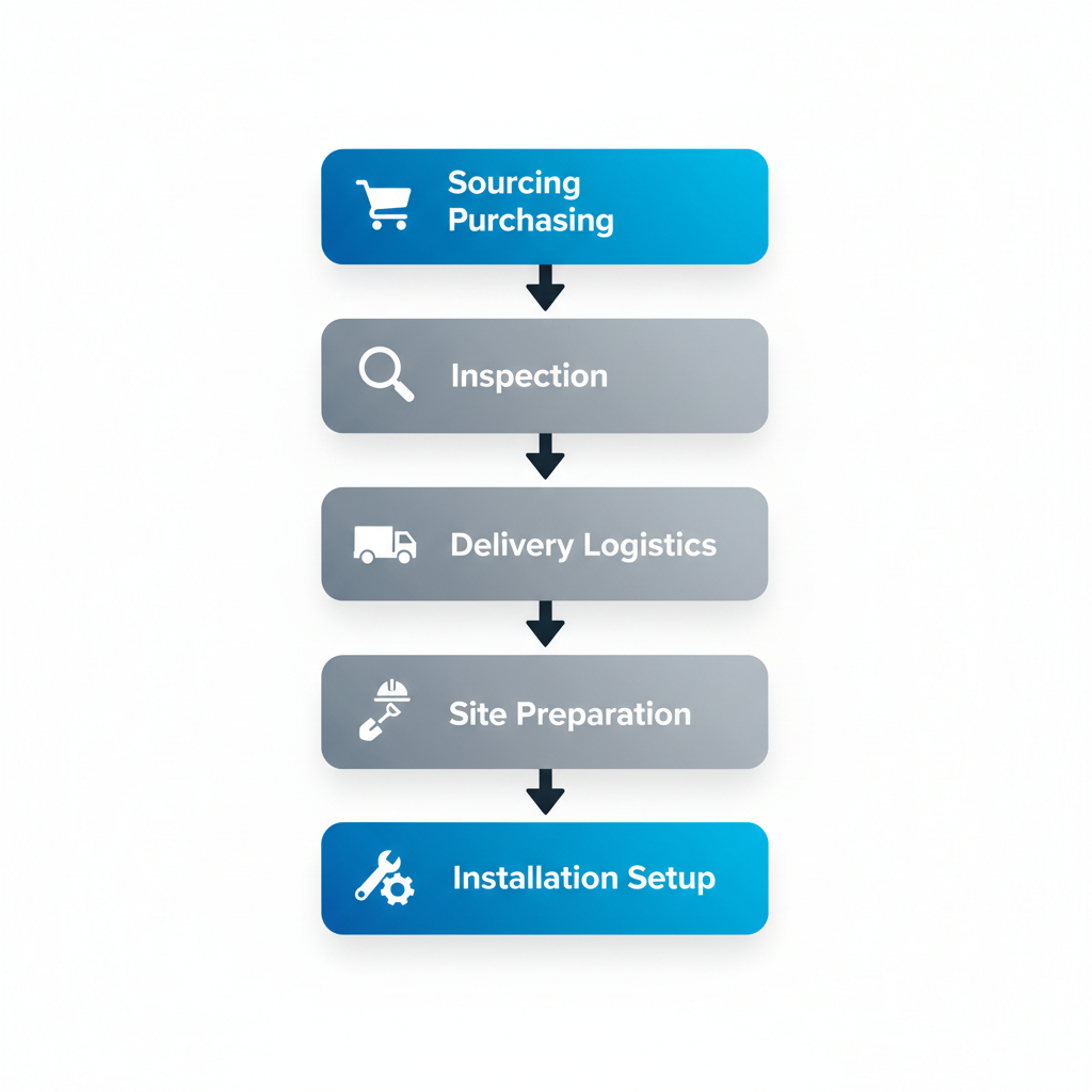 Vertical process flow diagram illustrating five steps for acquiring and installing used dock ramps: sourcing, inspection, delivery, site preparation, and installation.