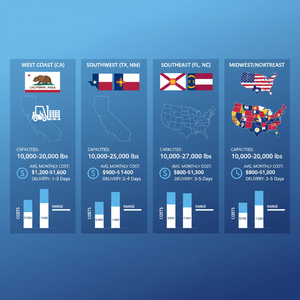 Infographic comparing yard ramp rental options across US regions with capacity, cost, and delivery data