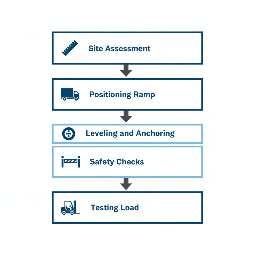 Vertical process flow diagram illustrating five installation steps for ground level dock ramps: site assessment, positioning, leveling and anchoring, safety checks, and load testing with icons.