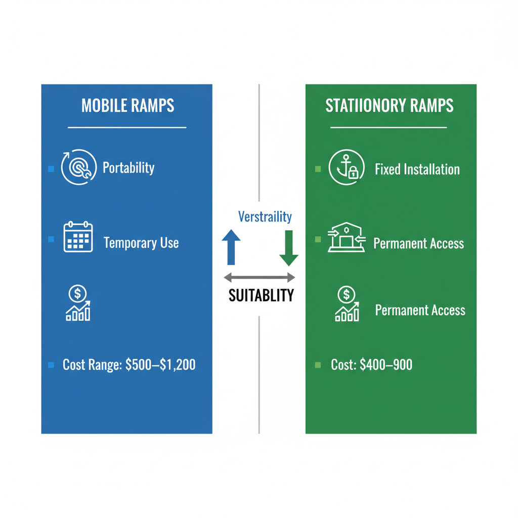 Infographic comparing mobile and stationary yard ramps for monthly rentals, highlighting features and cost ranges